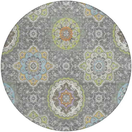 8' Gray And Brown Round Floral Medallion Washable Indoor Outdoor Area Rug Photo 2