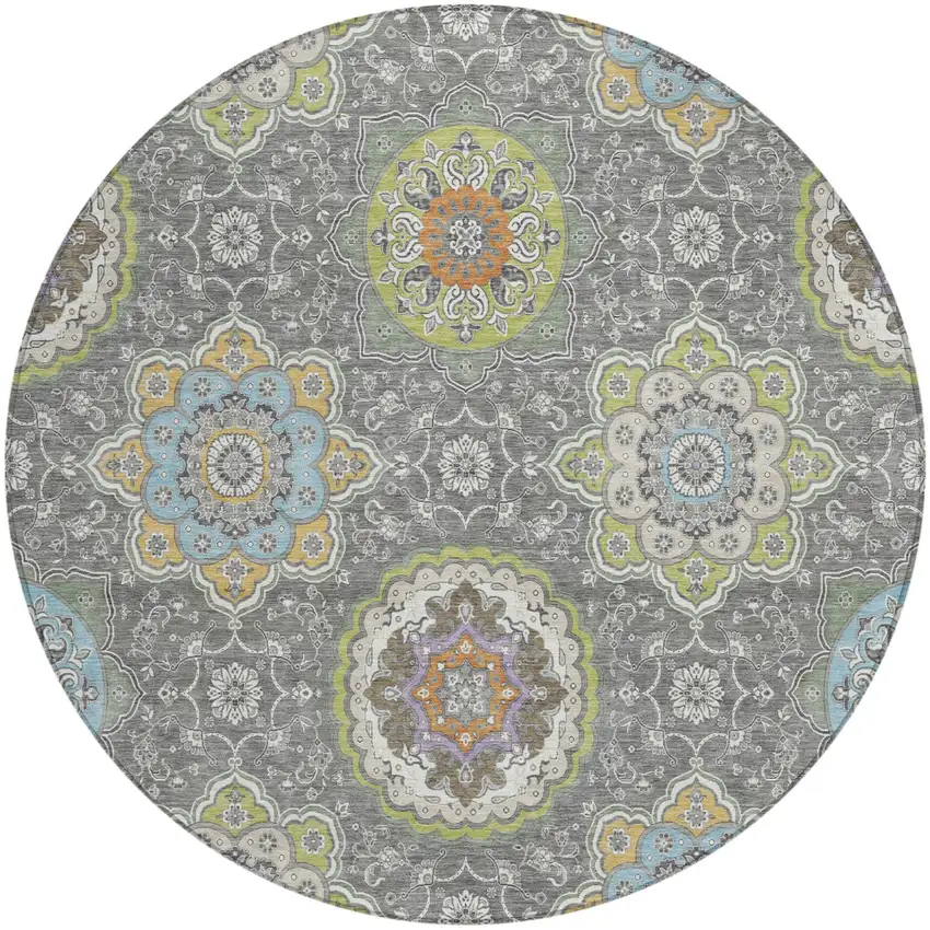 8' Gray And Brown Round Floral Medallion Washable Indoor Outdoor Area Rug Photo 2