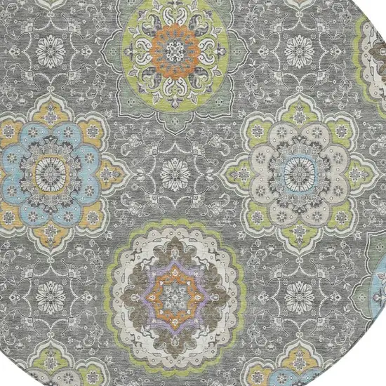 8' Gray And Brown Round Floral Medallion Washable Indoor Outdoor Area Rug Photo 5