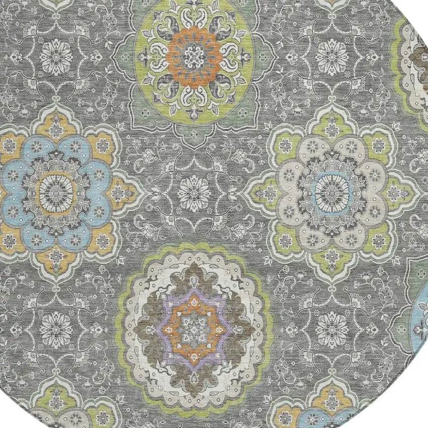 8' Gray And Brown Round Floral Medallion Washable Indoor Outdoor Area Rug Photo 5