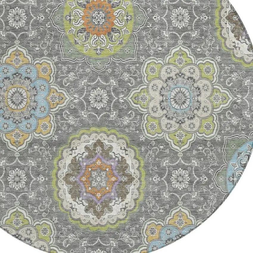 8' Gray And Brown Round Floral Medallion Washable Indoor Outdoor Area Rug Photo 3