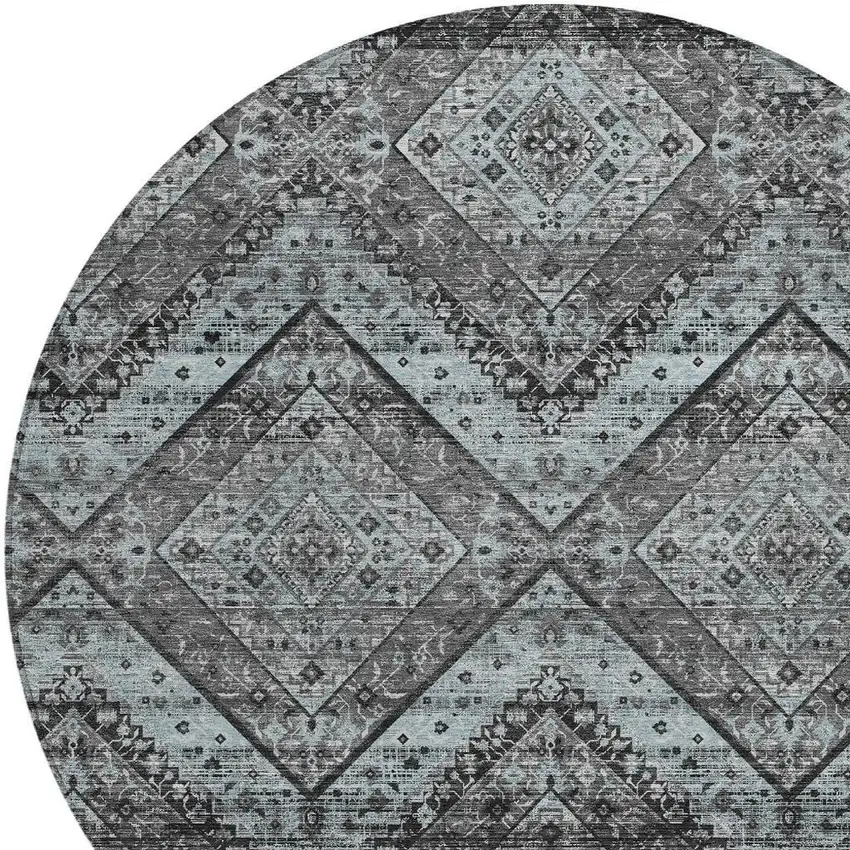 8' Gray And Brown Round Tribal Washable Indoor Outdoor Area Rug Photo 3