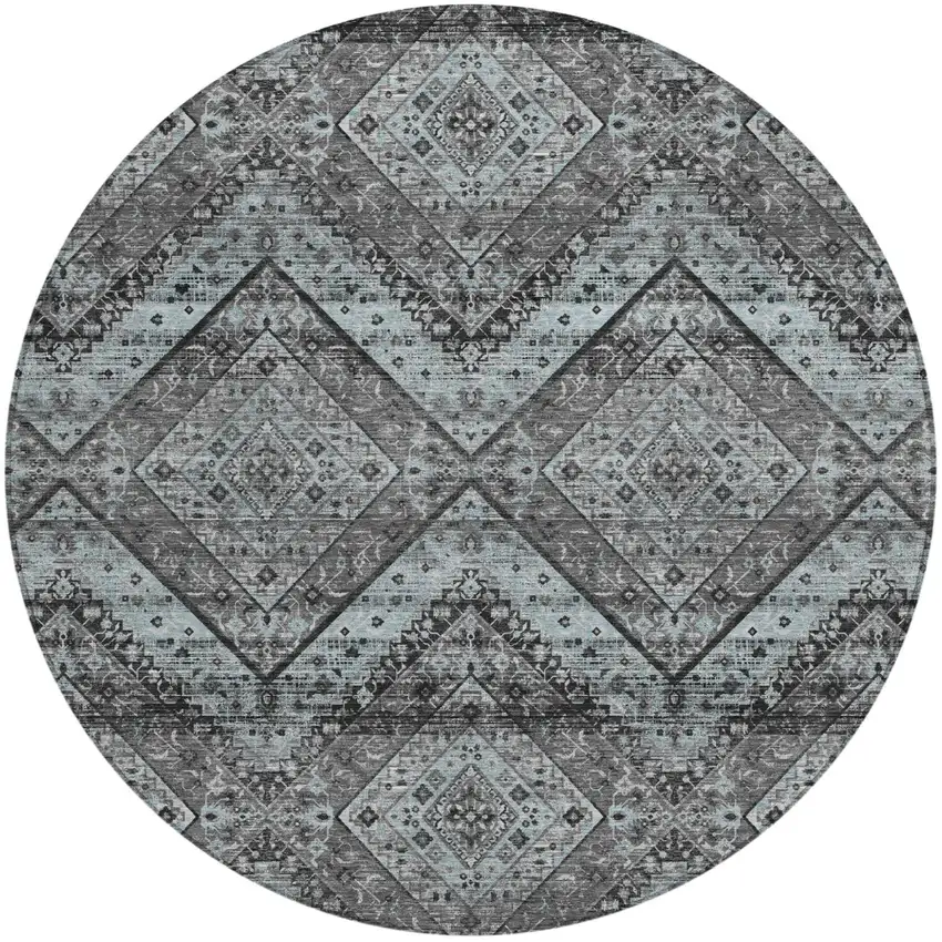 8' Gray And Brown Round Tribal Washable Indoor Outdoor Area Rug Photo 2
