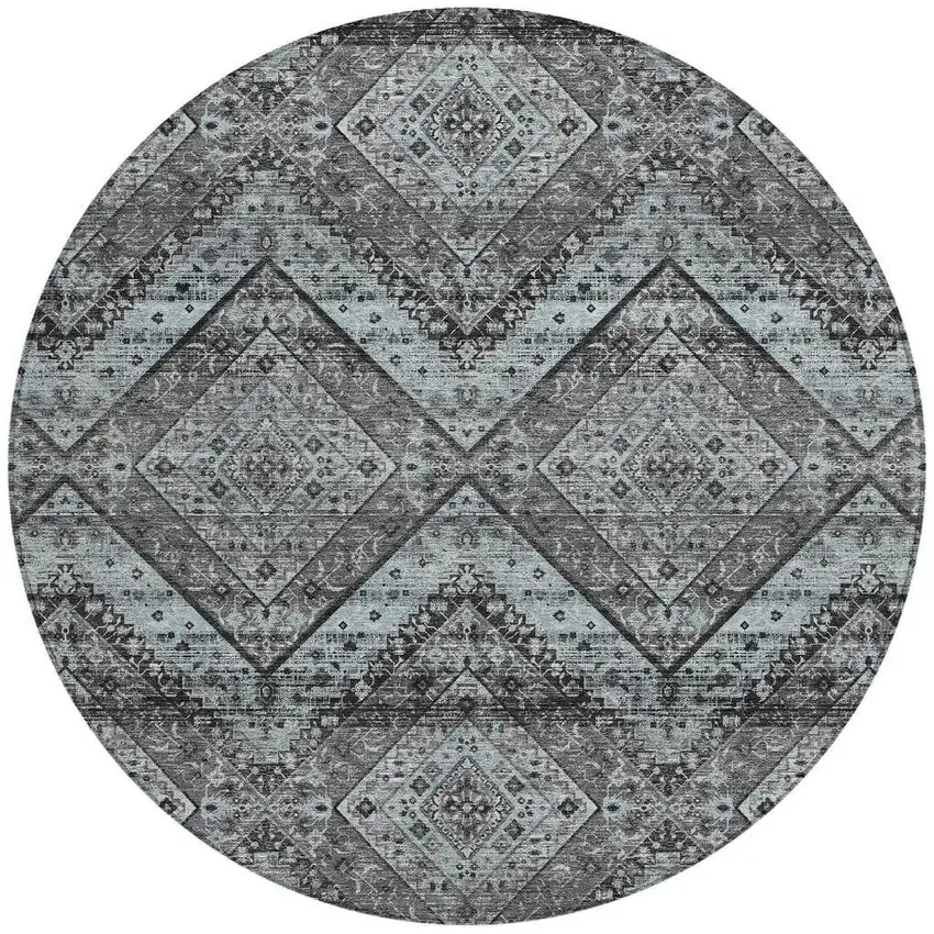 8' Gray And Brown Round Tribal Washable Indoor Outdoor Area Rug Photo 4