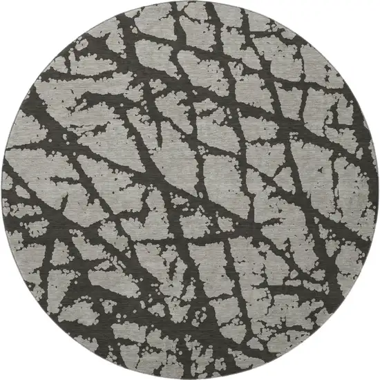 8' Gray And Charcoal Abstract Washable Round Rug With UV Protection Photo 4
