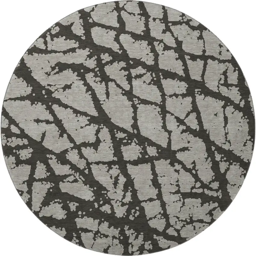 8' Gray And Charcoal Abstract Washable Round Rug With UV Protection Photo 4