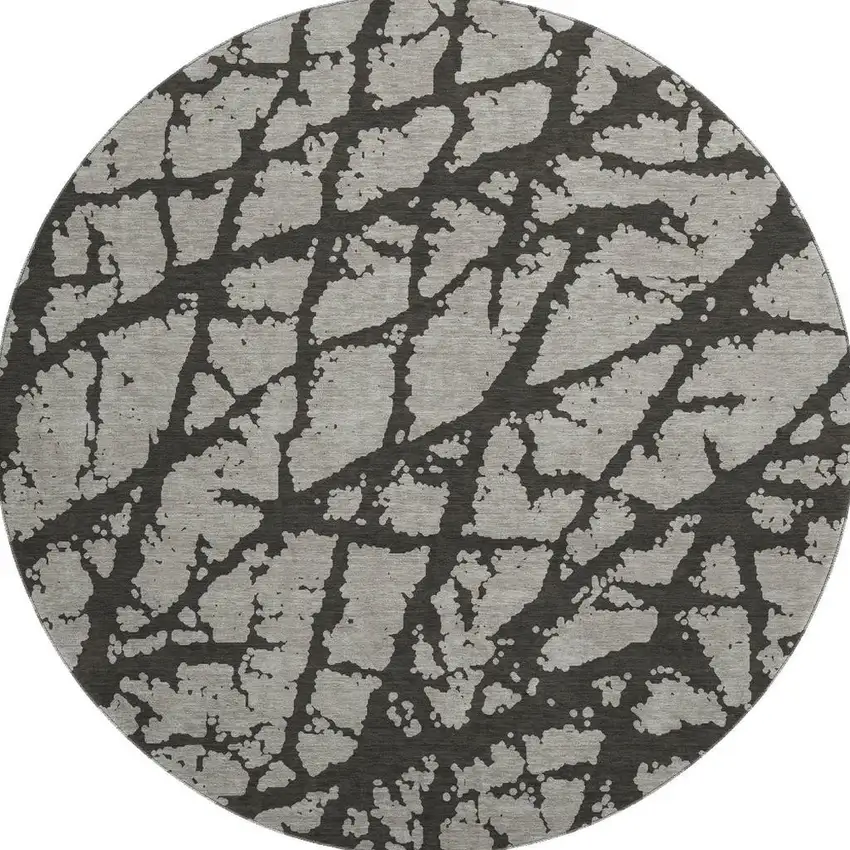 8' Gray And Charcoal Abstract Washable Round Rug With UV Protection Photo 3