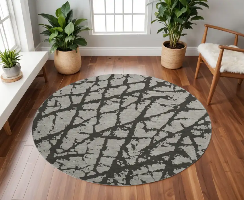 8' Gray And Charcoal Abstract Washable Round Rug With UV Protection Photo 2