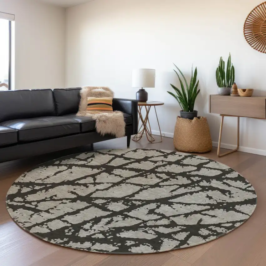 8' Gray And Charcoal Abstract Washable Round Rug With UV Protection Photo 5