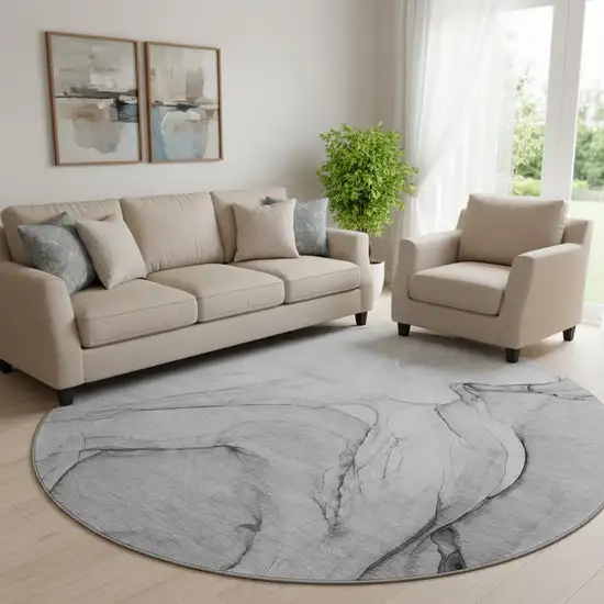 8' Gray And Charcoal Abstract Washable Round Rug With UV Protection Photo 1
