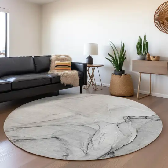 8' Gray And Charcoal Abstract Washable Round Rug With UV Protection Photo 5