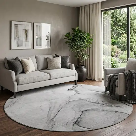 8' Gray And Charcoal Abstract Washable Round Rug With UV Protection Photo 1
