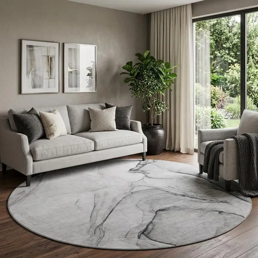 8' Gray And Charcoal Abstract Washable Round Rug With UV Protection Photo 1