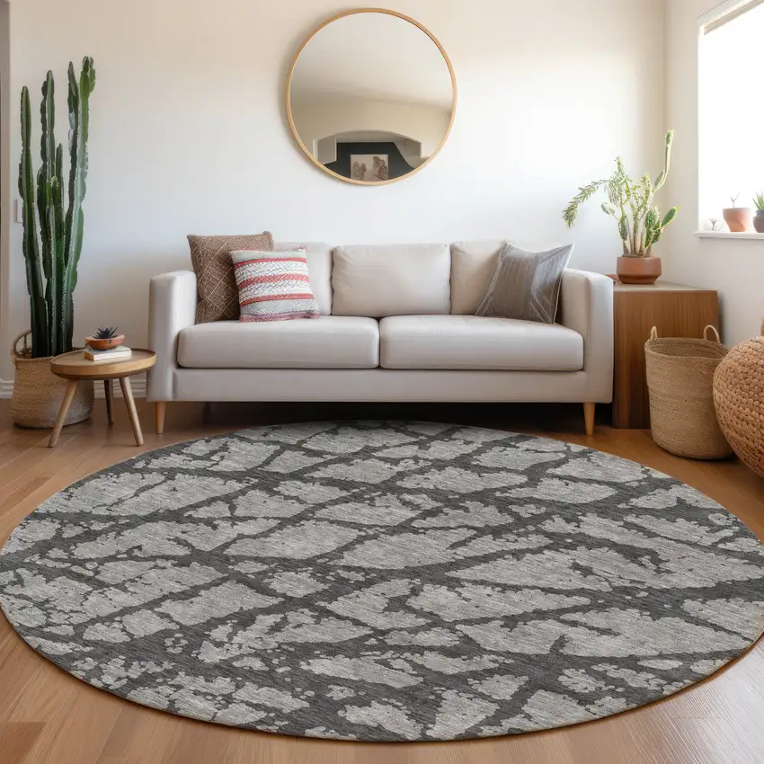 8' Gray And Charcoal Abstract Washable Round Rug With UV Protection Photo 4