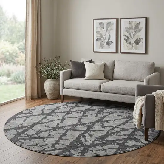 8' Gray And Charcoal Abstract Washable Round Rug With UV Protection Photo 1