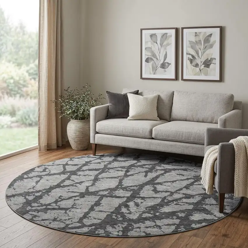 8' Gray And Charcoal Abstract Washable Round Rug With UV Protection Photo 1