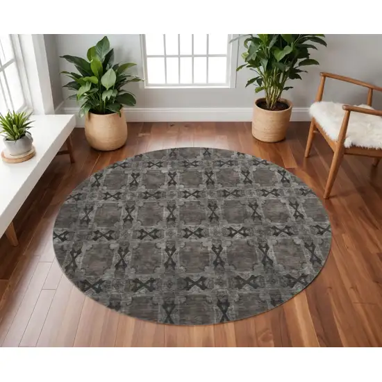 8' Gray And Charcoal Floral Medallion Washable Round Rug With UV Protection Photo 2