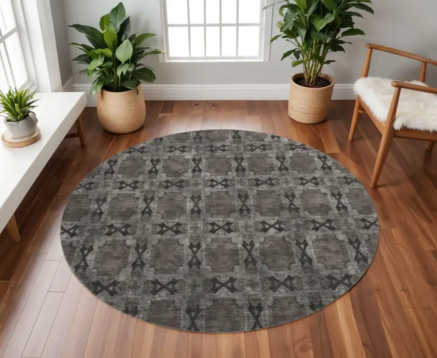8' Gray And Charcoal Floral Medallion Washable Round Rug With UV Protection Photo 2