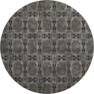 Photo of 8' Gray And Charcoal Floral Medallion Washable Round Rug With UV Protection