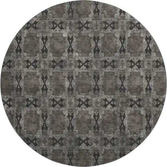 8' Gray And Charcoal Floral Medallion Washable Round Rug With UV Protection Photo 1
