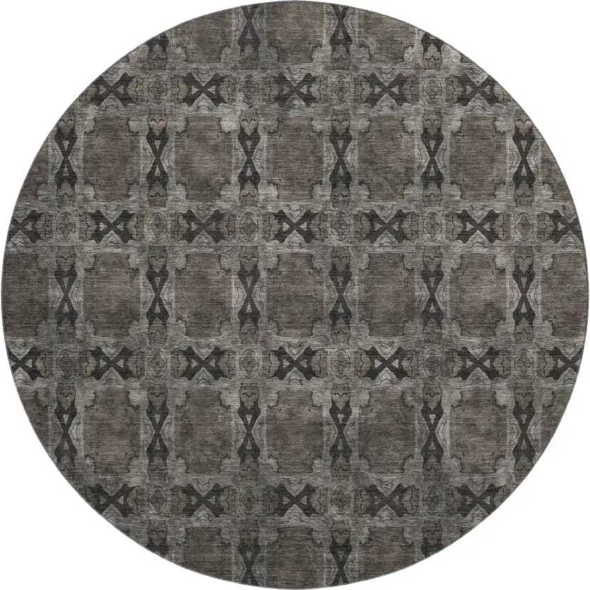 8' Gray And Charcoal Floral Medallion Washable Round Rug With UV Protection Photo 1
