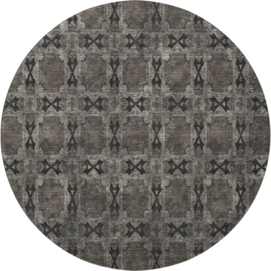 8' Gray And Charcoal Floral Medallion Washable Round Rug With UV Protection Photo 3