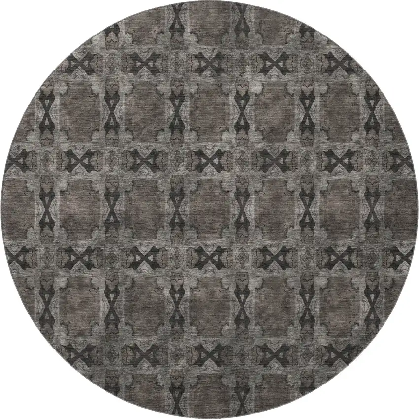 8' Gray And Charcoal Floral Medallion Washable Round Rug With UV Protection Photo 3