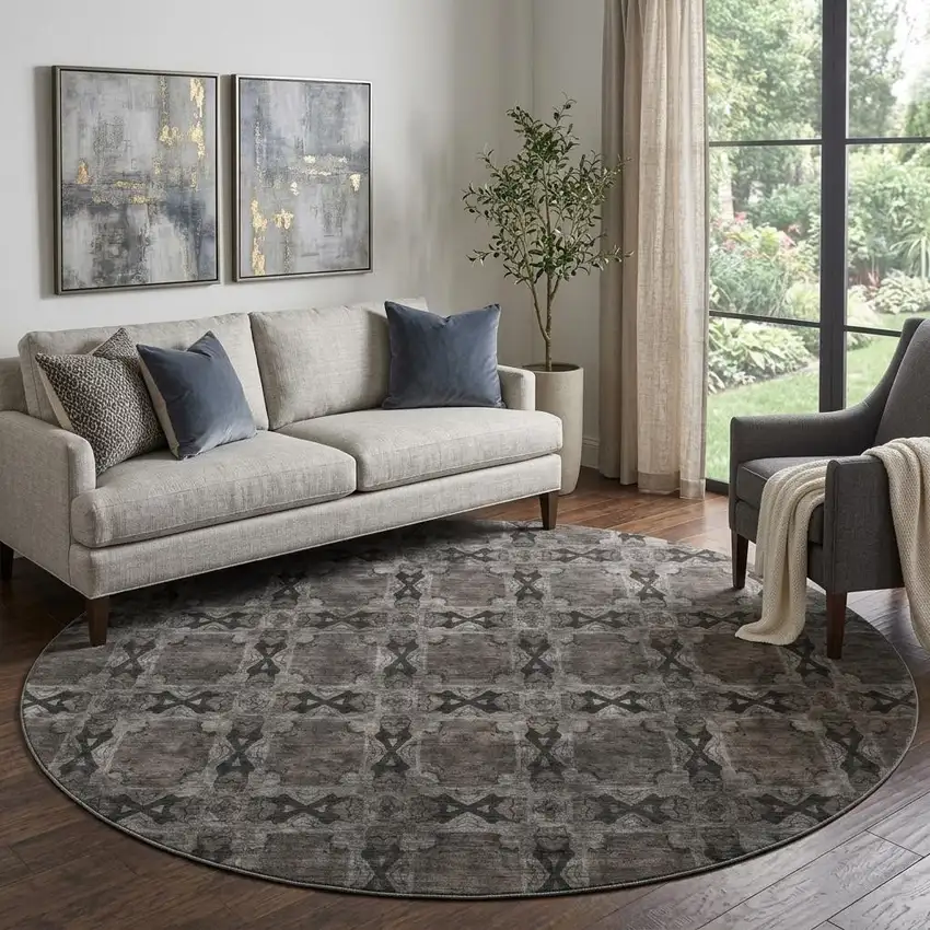 8' Gray And Charcoal Floral Medallion Washable Round Rug With UV Protection Photo 1