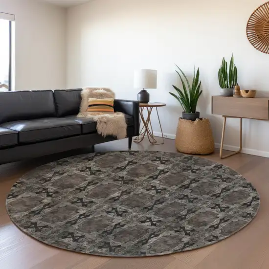 8' Gray And Charcoal Floral Medallion Washable Round Rug With UV Protection Photo 4
