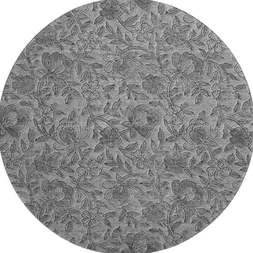 8' Gray And Charcoal Floral Washable Round Rug With UV Protection Photo 4