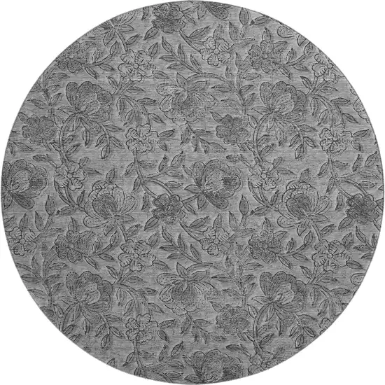 8' Gray And Charcoal Floral Washable Round Rug With UV Protection Photo 1