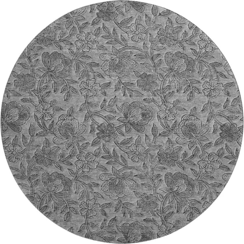 8' Gray And Charcoal Floral Washable Round Rug With UV Protection Photo 1