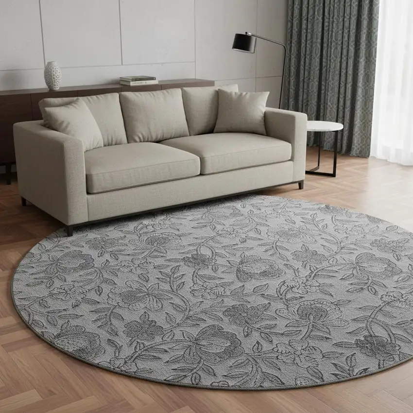 8' Gray And Charcoal Floral Washable Round Rug With UV Protection Photo 2