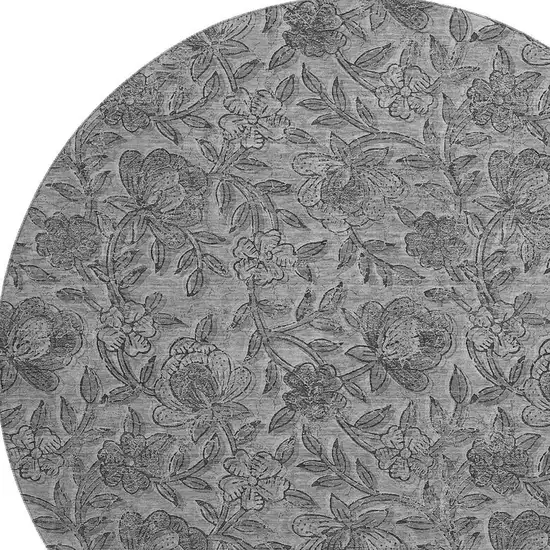 8' Gray And Charcoal Floral Washable Round Rug With UV Protection Photo 3