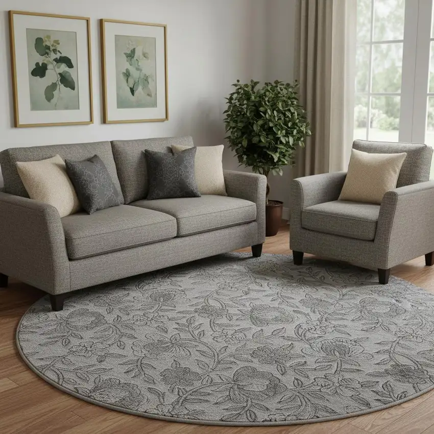 8' Gray And Charcoal Floral Washable Round Rug With UV Protection Photo 1