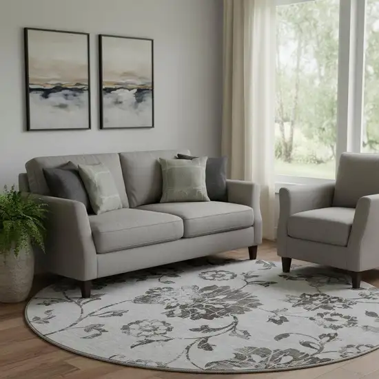8' Gray And Charcoal Floral Washable Round Rug With UV Protection Photo 1