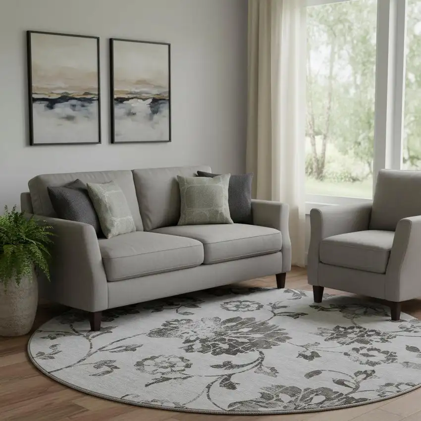 8' Gray And Charcoal Floral Washable Round Rug With UV Protection Photo 1