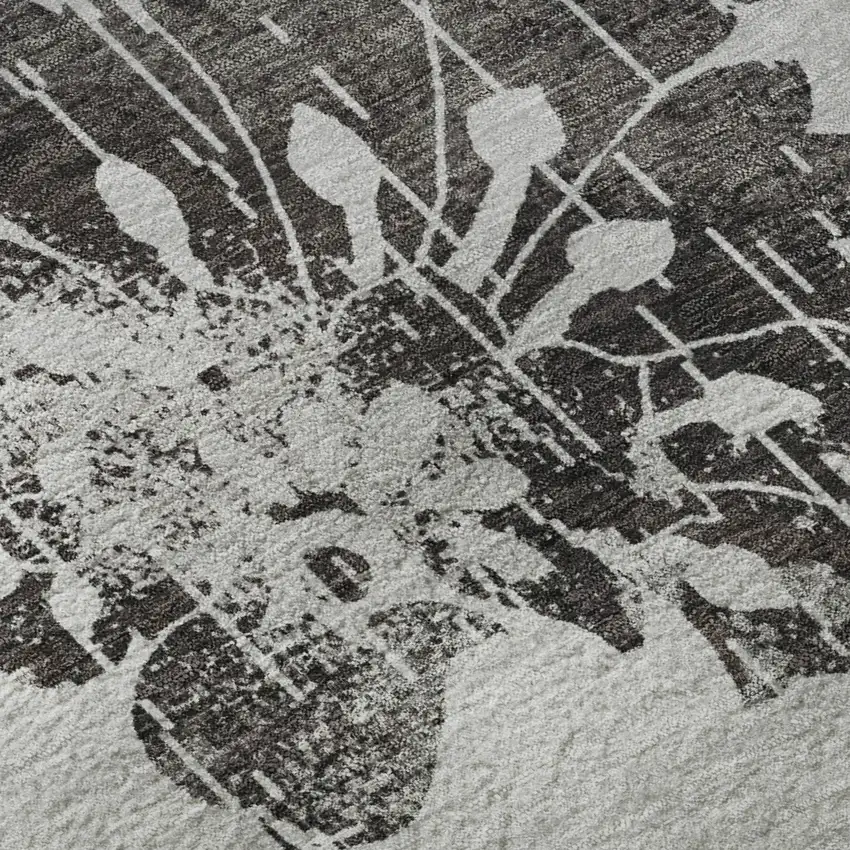 8' Gray And Charcoal Floral Washable Round Rug With UV Protection Photo 9