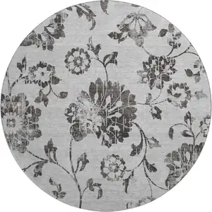 Photo of 8' Gray And Charcoal Floral Washable Round Rug With UV Protection