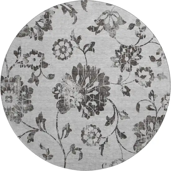8' Gray And Charcoal Floral Washable Round Rug With UV Protection Photo 1