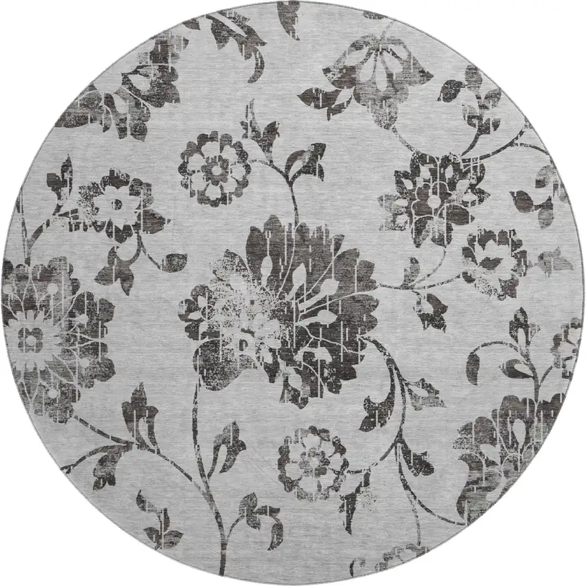 8' Gray And Charcoal Floral Washable Round Rug With UV Protection Photo 1