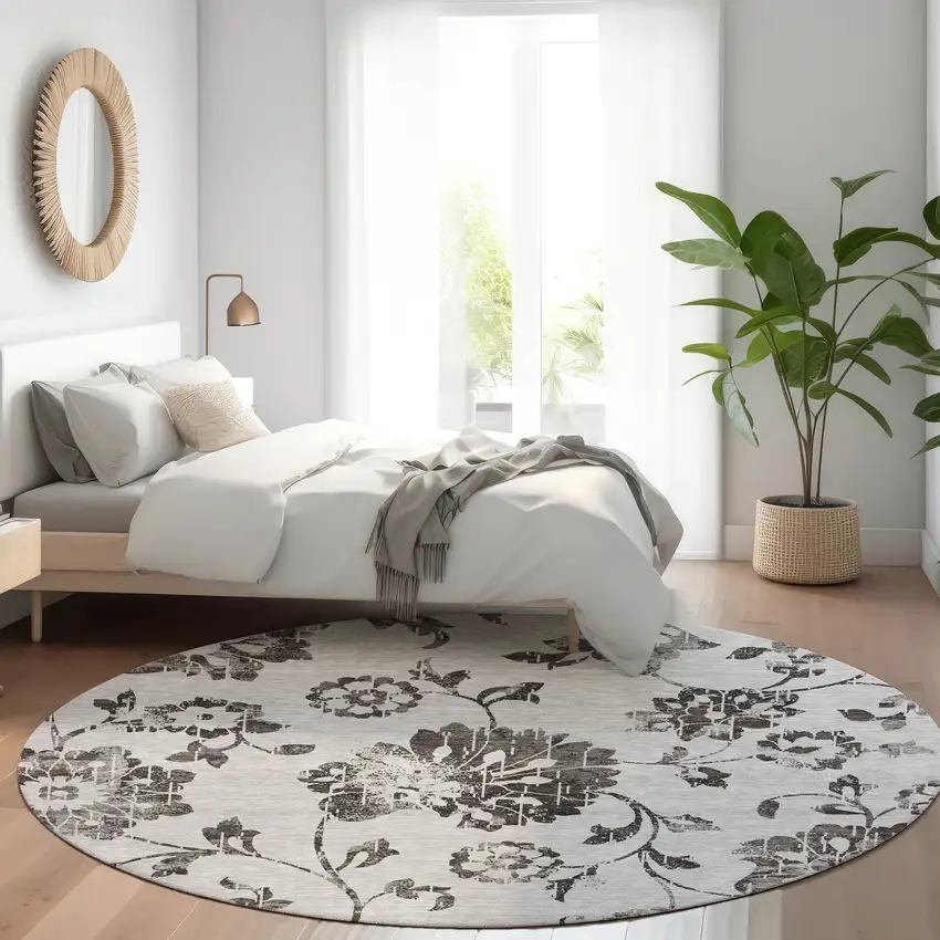 8' Gray And Charcoal Floral Washable Round Rug With UV Protection Photo 5