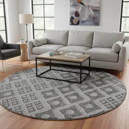 8' Gray And Charcoal Geometric Washable Round Rug With UV Protection Photo 1