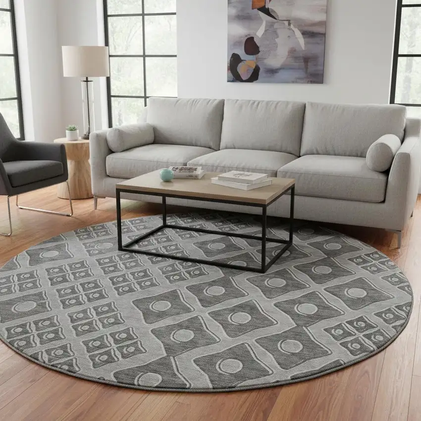 8' Gray And Charcoal Geometric Washable Round Rug With UV Protection Photo 1