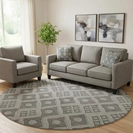 8' Gray And Charcoal Geometric Washable Round Rug With UV Protection Photo 1