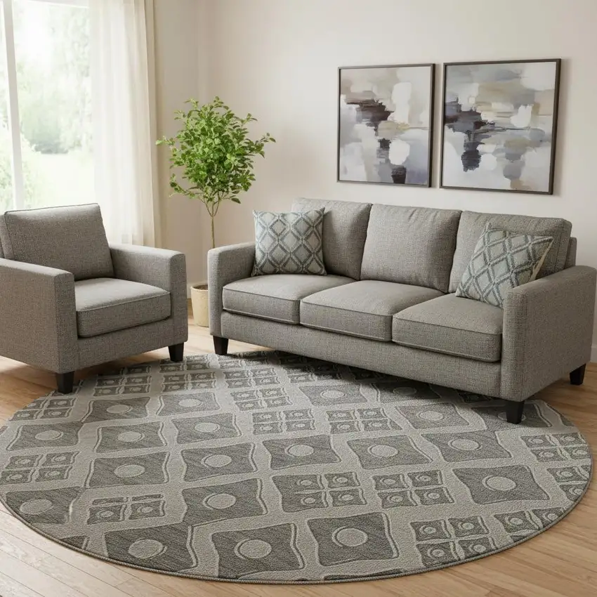 8' Gray And Charcoal Geometric Washable Round Rug With UV Protection Photo 1