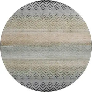 Photo of 8' Gray And Charcoal Geometric Washable Round Rug With UV Protection