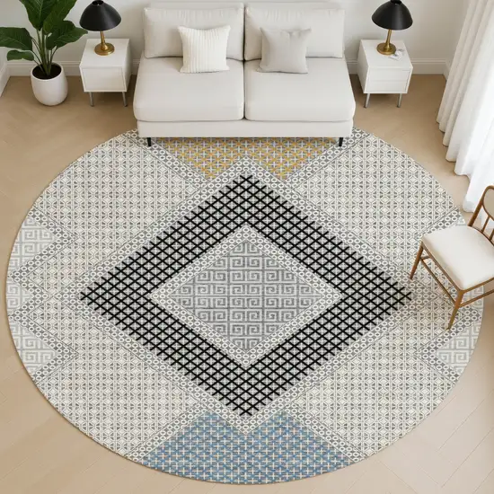 8' Gray And Charcoal Geometric Washable Round Rug With UV Protection Photo 5