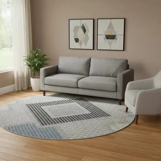 8' Gray And Charcoal Geometric Washable Round Rug With UV Protection Photo 2