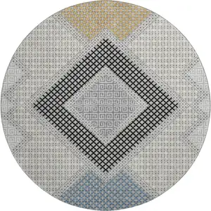 Photo of 8' Gray And Charcoal Geometric Washable Round Rug With UV Protection